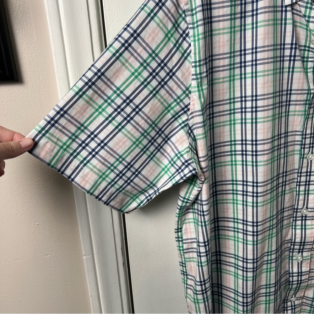 George- Men’s Short Sleeve Button Down- White Pink Green Plaid- Large - Picture 7 of 9